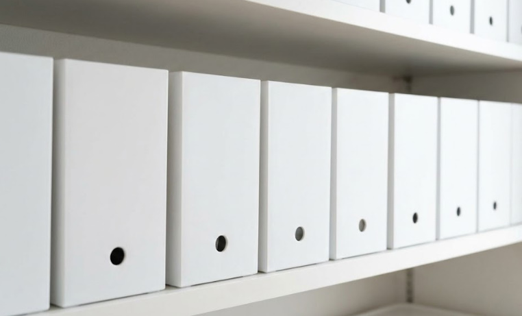 日本の住宅のパントリーまたは納戸の棚に、ダイソーの同一規格の白い収納ボックスが隙間なく整然と並べられている写真